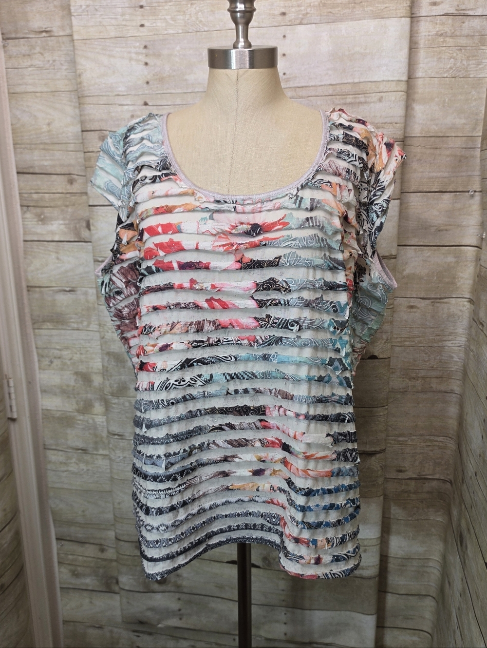 dressbarn White Multi Ruffled Stripe Scoop Neck Blouse